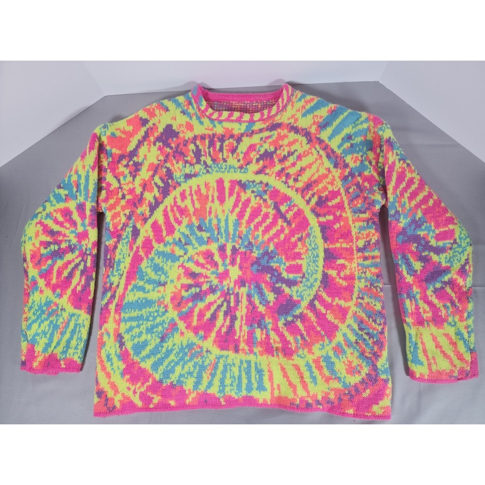 Edikted Neon Tie Dye Swirl Knit Crewneck Sweater Pink Yellow Blue Streetwear‎